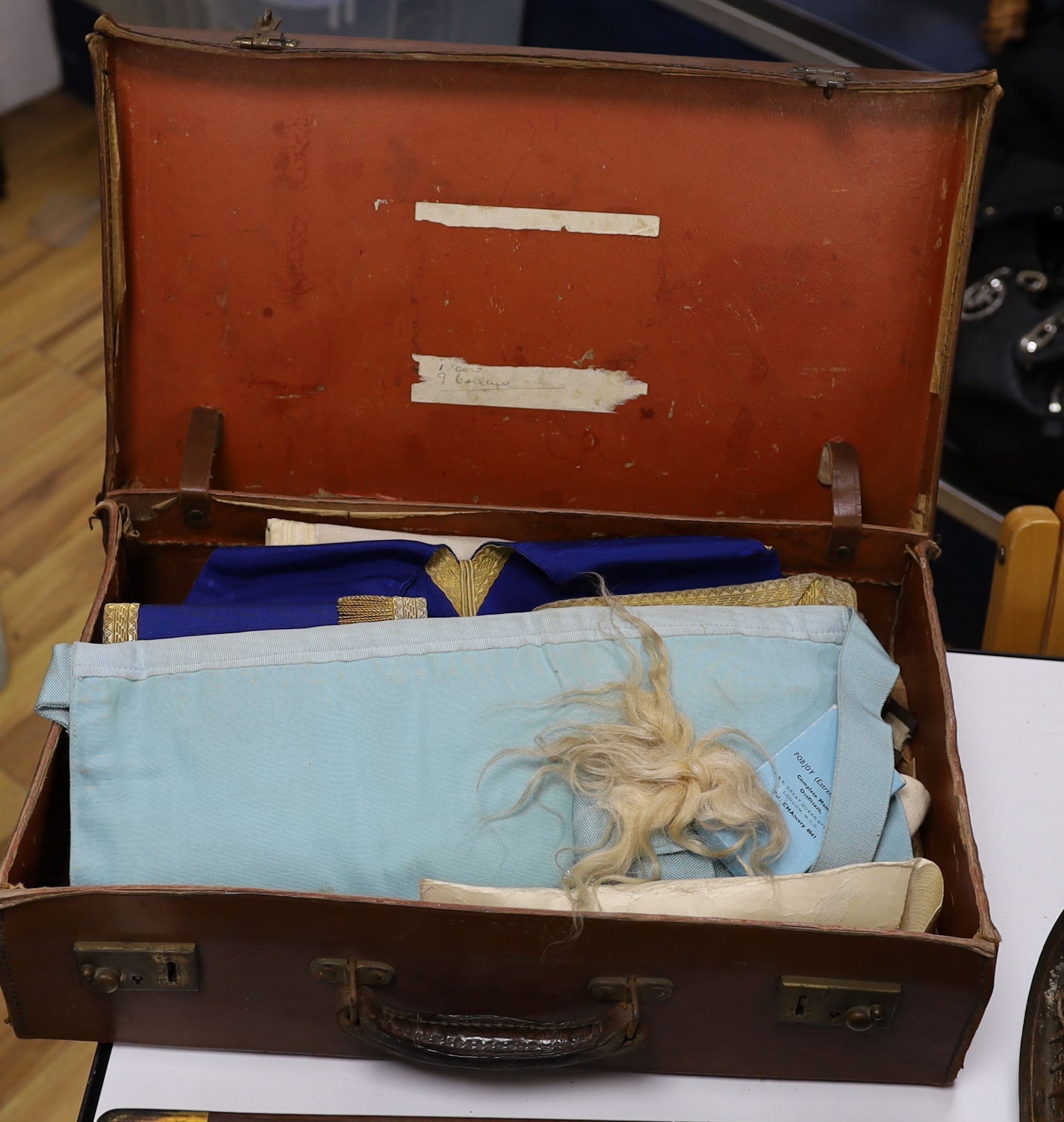 A brass bound writing slope, two small cases of Masonic Regalia and an antique tennis racquet